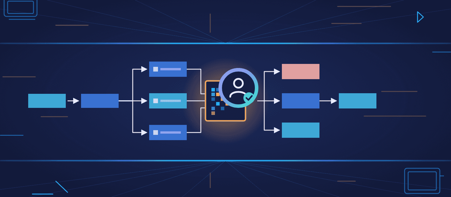 Illustration of a workflow fanning out to narrow AI agents that converge on a single human checkpoint
